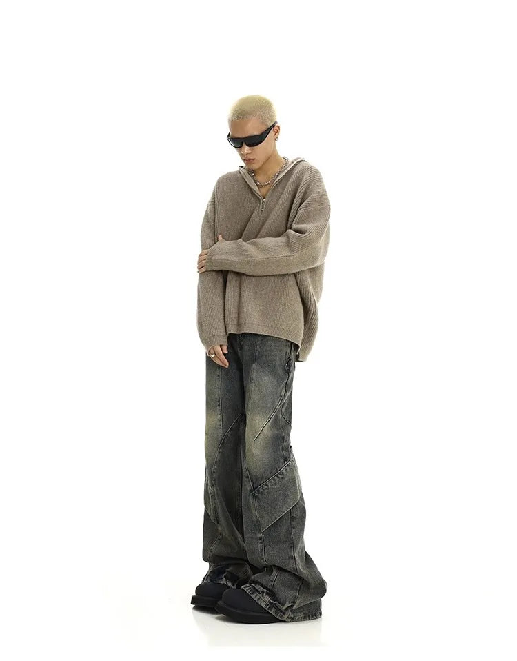 Men Jeans Denim Flare Pants Floor Length Pant Splice High Waist Irregularity Loose Casual Straight Trousers Autumn Winter 2025