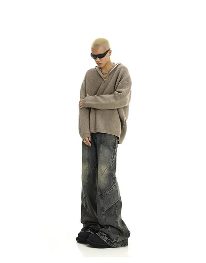 Men Jeans Denim Flare Pants Floor Length Pant Splice High Waist Irregularity Loose Casual Straight Trousers Autumn Winter 2025