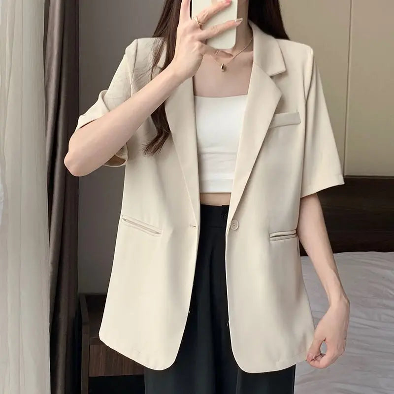 Loose Casual Thin Short Sleeve Women's Suit Jacket Summer New Style Korean Version Fashionable All-Match Lightweight Polyeste...