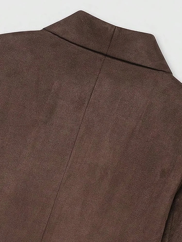Women's Chic Faux Suede Leather Blazer Coat Long Sleeve with Welt Pockets Fashion Outerwear