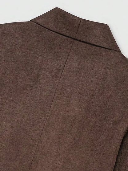 Women's Chic Faux Suede Leather Blazer Coat Long Sleeve with Welt Pockets Fashion Outerwear
