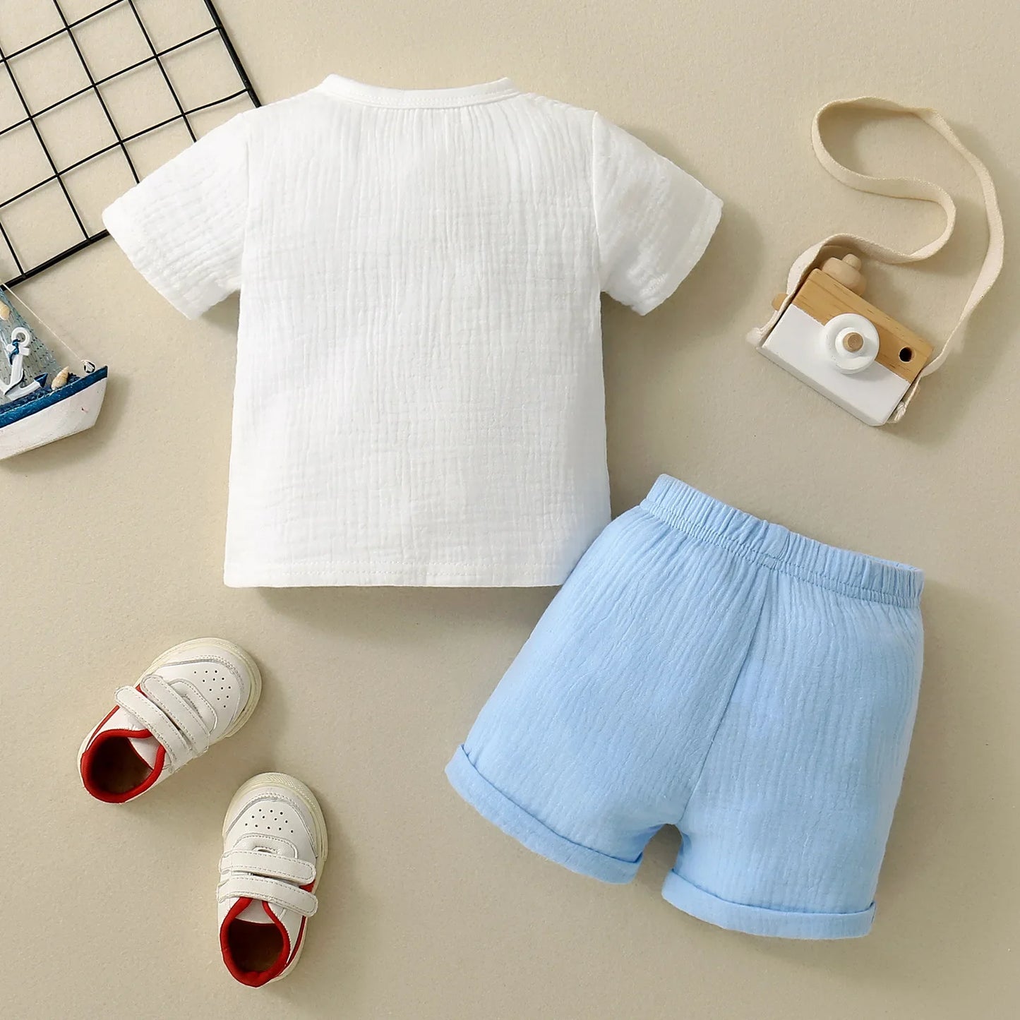 Infant Boys round Neck Color Block Short Sleeve Shorts Set Baby Boy Outfit Toddler Clothing Ensemble