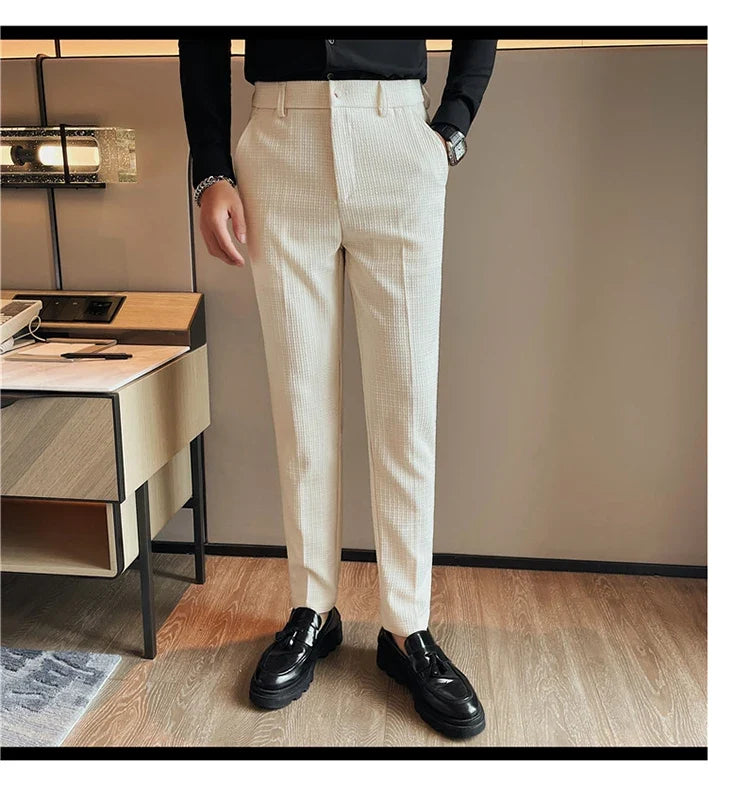 Men's Waffle Casual Pants Fashion Korean Stretch Waist Business Formal Pants Mens Social Party Suit Pants Streetwear Pencil Pant
