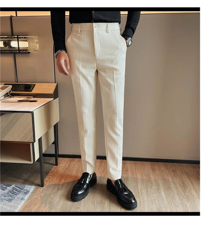 Men's Waffle Casual Pants Fashion Korean Stretch Waist Business Formal Pants Mens Social Party Suit Pants Streetwear Pencil Pant