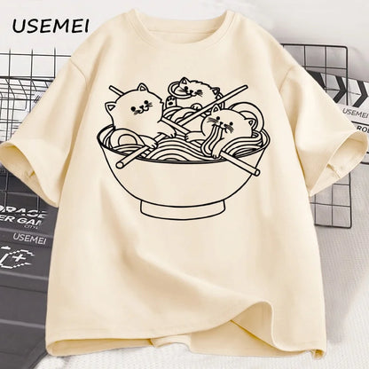 Japanese Style Cat Ramen T-Shirt Cotton Short Sleeve Kawaii Anime Tshirt Ramen Kitten Graphic Tees Cute Food Tee Shirt Clothes