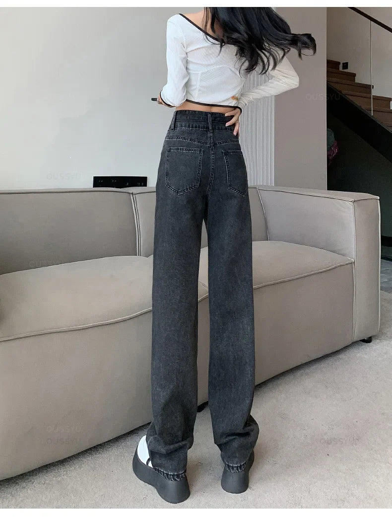 Winter Jeans Women Fleece Warm Denim Trousers High Waist Casual Loose Female Denim Pants Thick Velvet Cotton Wide Leg Woman Jean
