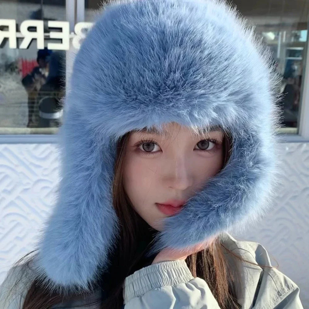 Fluffy Fur Hat Women White Black Blue Russian Hat Thick Warm Ski Earflap Cap Female Ushanka Winter Hat Ladies Russian Cap