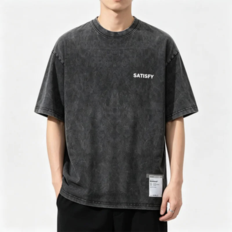 Trendy SATISFY Running MothTech Muscle Round Neck Distressed Pure Cotton Printed Short Sleeve T-shirt Casual Loose Fit Youth ...