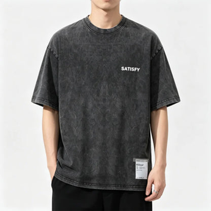 Trendy SATISFY Running MothTech Muscle Round Neck Distressed Pure Cotton Printed Short Sleeve T-shirt Casual Loose Fit Youth ...