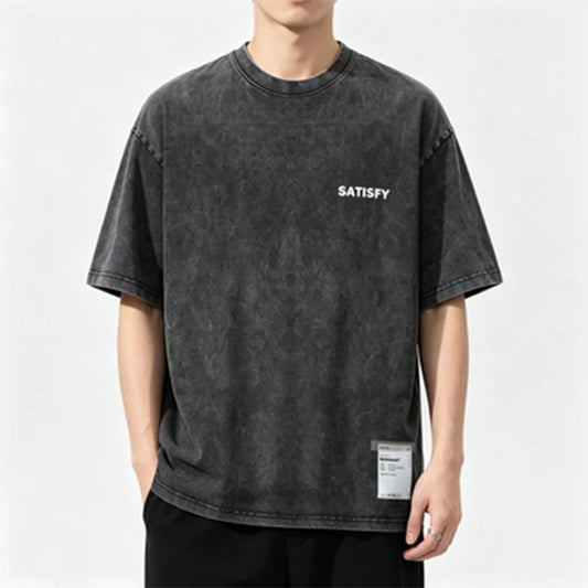 Trendy SATISFY Running MothTech Muscle Round Neck Distressed Pure Cotton Printed Short Sleeve T-shirt Casual Loose Fit Youth ...
