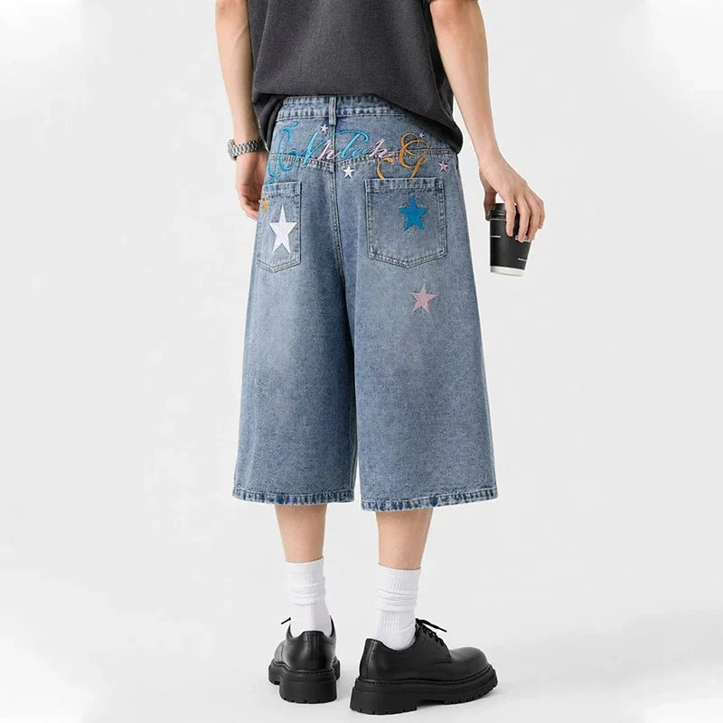 New Letter Star Embroidered Baggy Short Jeans For Men High Street Fashion Straight Y2K Jorts American Retro Blue Denim Shorts