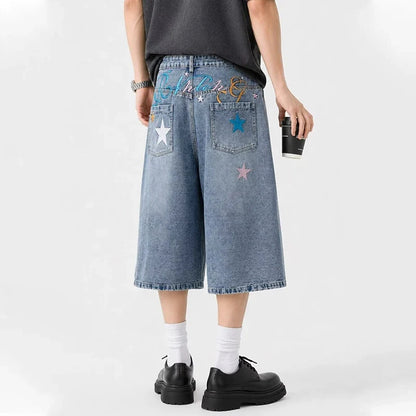 New Letter Star Embroidered Baggy Short Jeans For Men High Street Fashion Straight Y2K Jorts American Retro Blue Denim Shorts