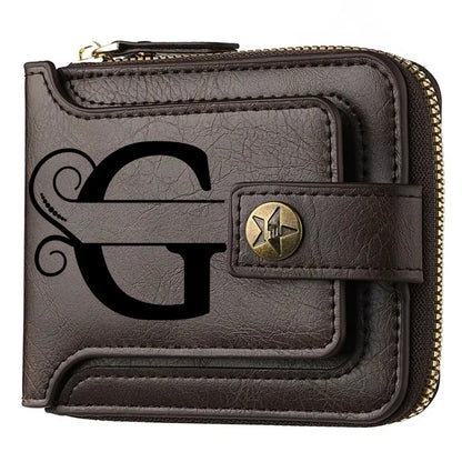 Portefeuille court en cuir PU personnalisé avec chaîne pour homme, portefeuille bifold marron élégant avec nom et texte gravés pour la Saint-Valentin et les anniversaires