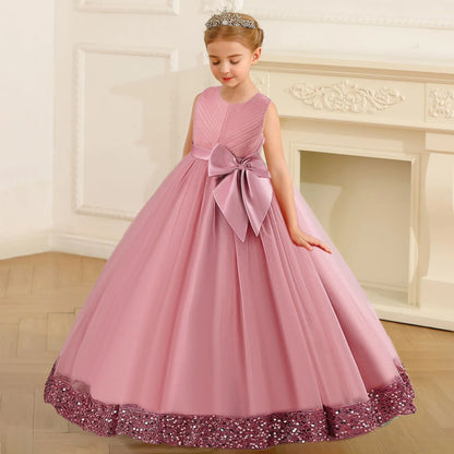 Fluffy Sequin Bridemaid Princess Girls Dress Elegant Bow Pink Wedding Prom Evening Kids Party Dresses for Girl Birthday Costumes