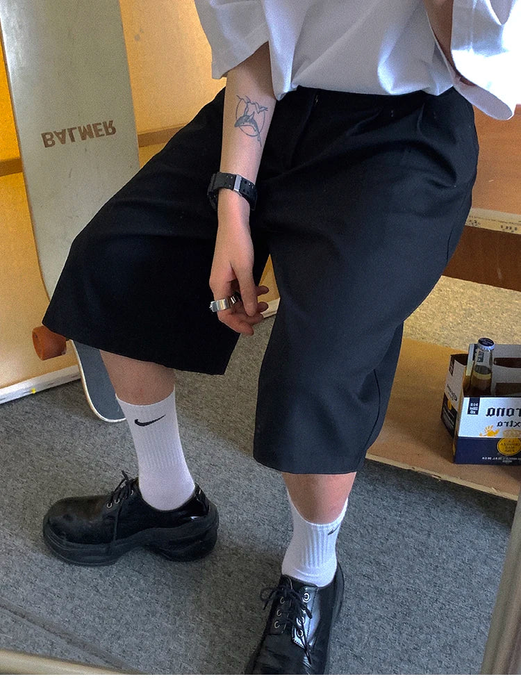 Spring Summer Loose Casual Soft Black Pleated Shorts for Men Mens with High Waist Short Straight Pants Clothes 2024