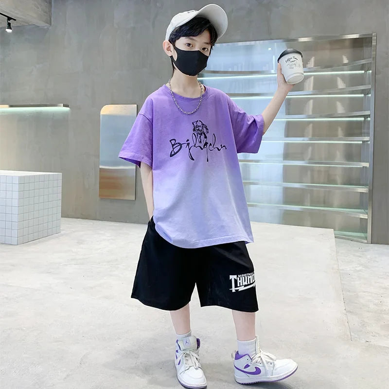 Kids Boy New Summer Suit Tie Dye T-shirt + Cargo Shorts 2 Pieces Tracksuit for Teens Child Shorts Sleeve Clothing Set Age 4 - 14