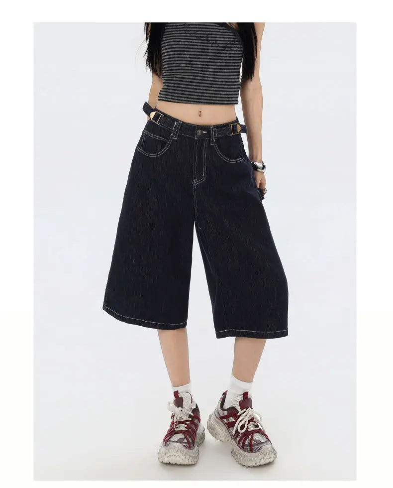 American High Street Fashion Loose Denim Shorts Retro Wide Leg Crop Pants Women Y2k High Waisted Embroidery Casual Mid Trouser