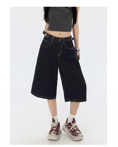 American High Street Fashion Loose Denim Shorts Retro Wide Leg Crop Pants Women Y2k High Waisted Embroidery Casual Mid Trouser