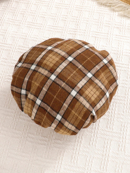 Cute Baby Boy Plaid Print Jumpsuit with Bow Tie & Checkered Beret.