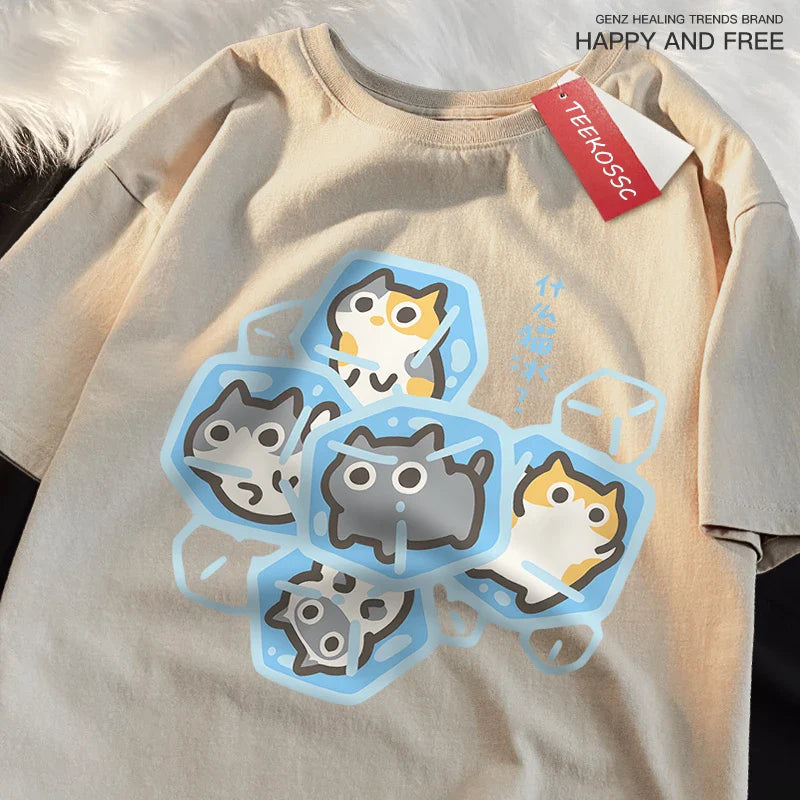 Ice Cat Fun Cartoons Cats Print Clothes Men Women Oversize Breathable T Shirt Summer Comfortable Casual T-Shirt Cotton Tee Shirt