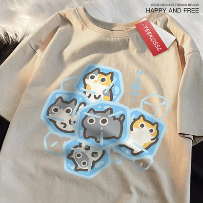Ice Cat Fun Cartoons Cats Print Clothes Men Women Oversize Breathable T Shirt Summer Comfortable Casual T-Shirt Cotton Tee Shirt