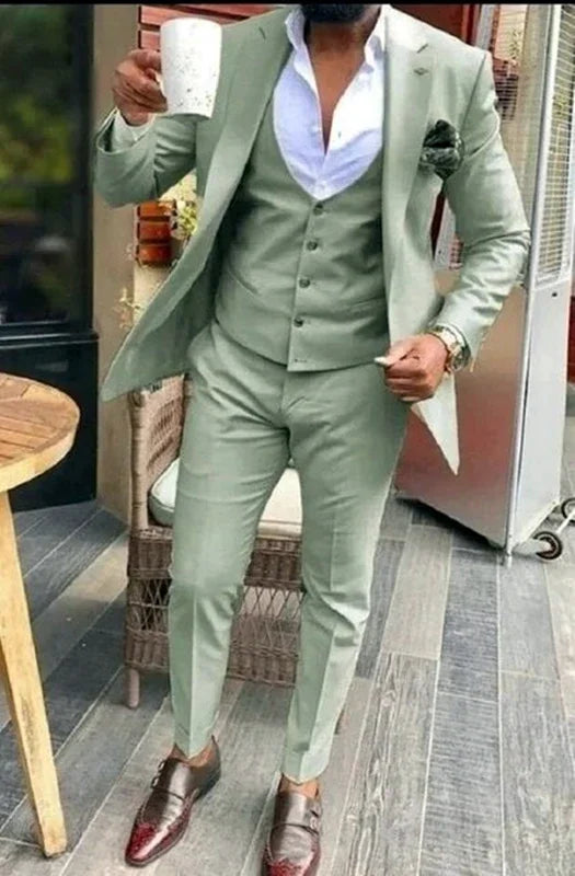 3 Pieces Green Men Suit Slim Fit Formal Business Office Casual Suits For Male Wedding Groom Tuxedo Party (Jacket+Pants+Vest )