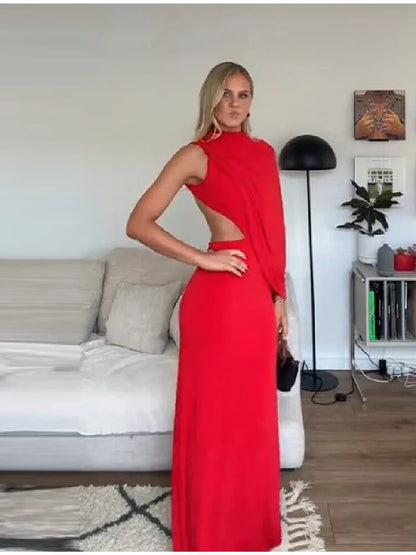 Red Asymmetrical Draped Backless Maxi Dress One Shoulder High Neck Cutout Bodycon Evening Gown For Women Formal Party