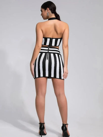 2025 New Women Celebrity Sexy Jacquard Black White Two Piece Bodycon Striped Bandage Skirt Set Designer Evening Party Dress