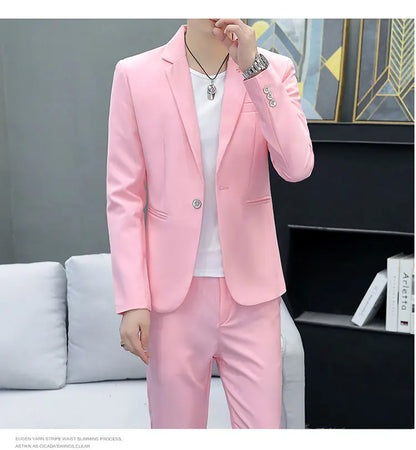 Slim Fit Two-Piece Suit Casual Business Style Solid Color Autumn  Dress Suit with Trousers Included Stylish Men's Costume