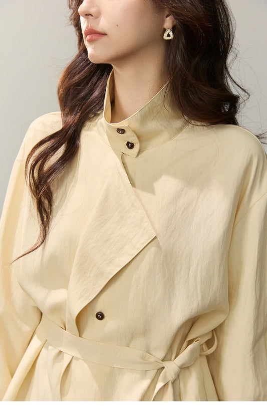 Women's Stand Collar Long Sleeve Shirts Spring Belted Waist Asymmetric Button Tops Casual Loose Solid Shirt MXF13C2459