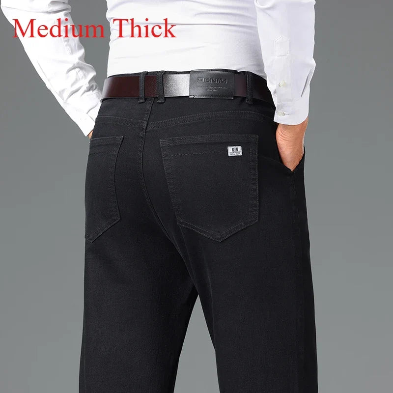 2024 Brand Thin or Thick Material Men's Elastic Cotton Jeans Fashion Gray Comfortable Denim Business Casual High Waist Pants
