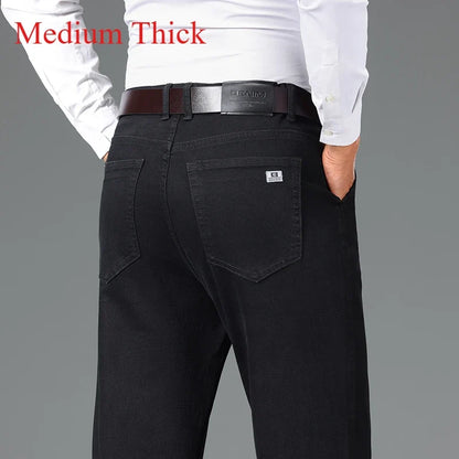 2024 Brand Thin or Thick Material Men's Elastic Cotton Jeans Fashion Gray Comfortable Denim Business Casual High Waist Pants