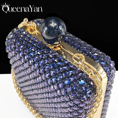 Queena Yan 2025 Italian Design Rhinestone Luxury Navy Blue Pointed Toe Shoe & Bag Set Women High Heels for Parties High Quality