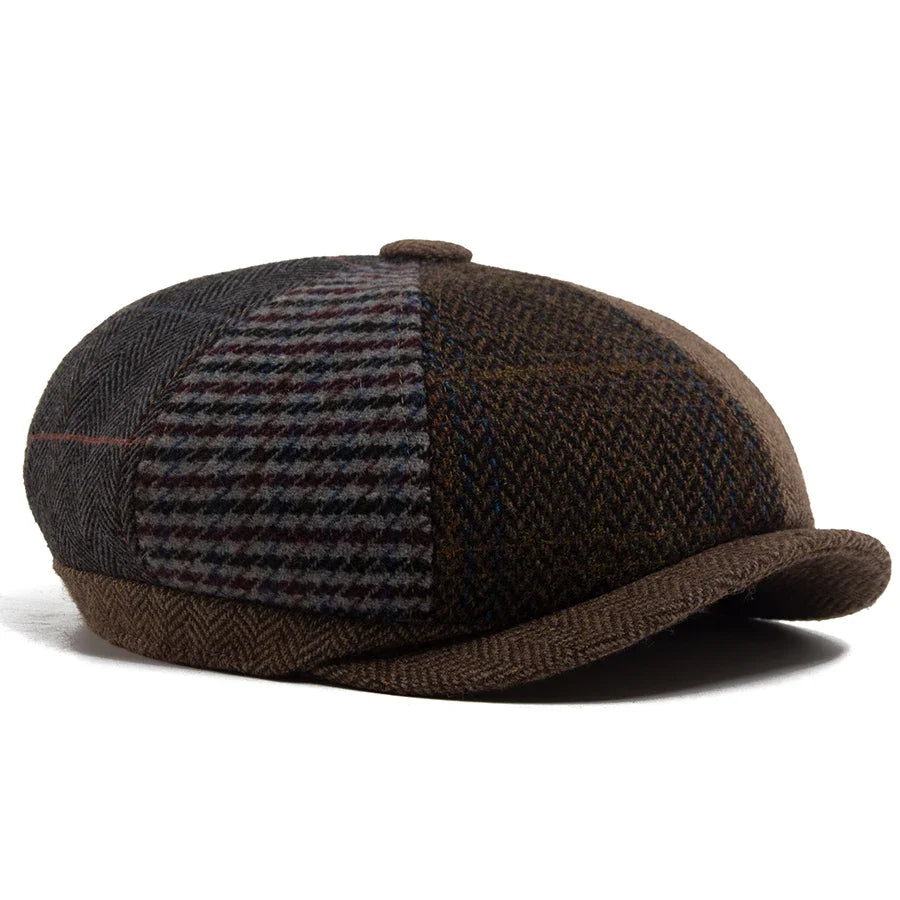 Vintage Newsboy Cap Men Herringbone Plaid Patchwork Pattern Women Beret Autumn Winter Warm Male Flat Caps Octagonal Hat Elastic