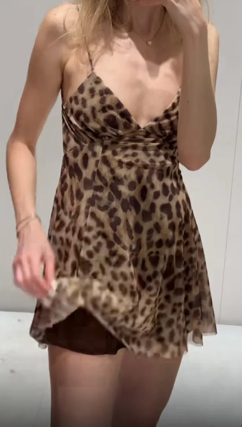 2025 Summer New collection Women's vacation Style printed silk mesh sexy V-neck halter short Dress Hot Girl Dress