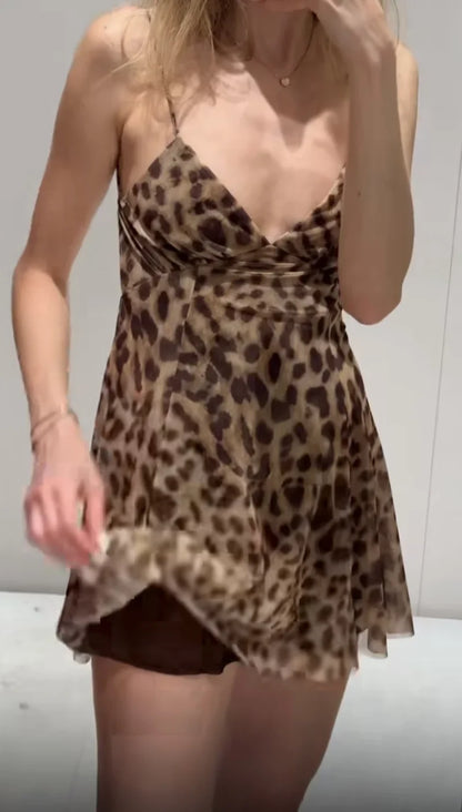 2025 Summer New collection Women's vacation Style printed silk mesh sexy V-neck halter short Dress Hot Girl Dress