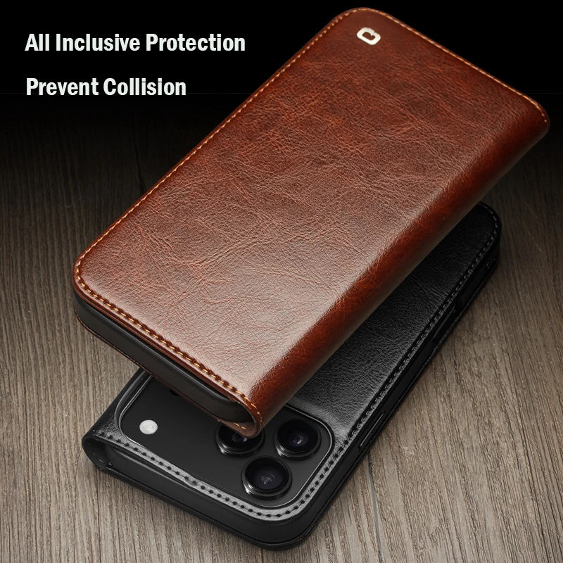 Genuine Leather Flip Case for iPhone 17 Bracket Handmade Business Cover with Card Slots for iPhone 17 Pro Max/17 Air