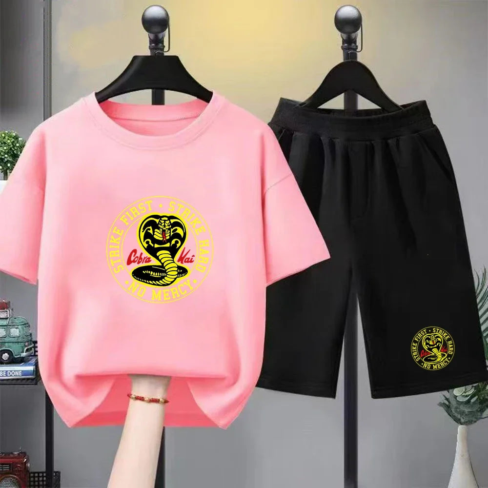 Summer T-Shirt + Shorts Anime Snake Print Boy Black Girl Sets T-Shirt Kids Tops Casual Tees Round Neck Short-Sleeved Top