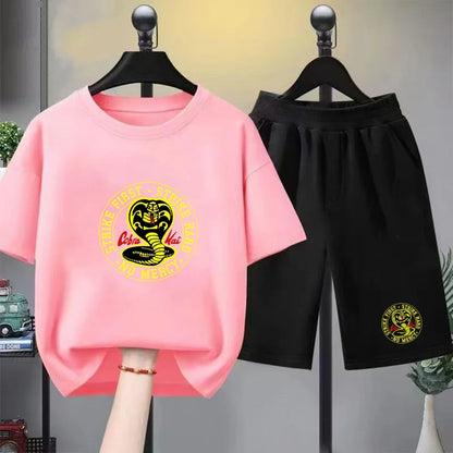 Summer T-Shirt + Shorts Anime Snake Print Boy Black Girl Sets T-Shirt Kids Tops Casual Tees Round Neck Short-Sleeved Top
