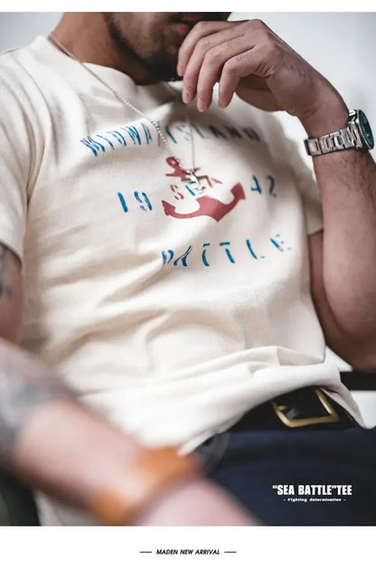 Vintage Letter Print Cotton Short Sleeve T-Shirt Men's Summer Loose Fit Ribbed Crew Neck Tee Casual Street Tops for Daily