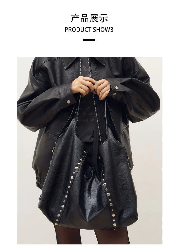 Rivet Women Shoulder Bag Large Capacity Versatile New Soft PU Single Shoulder Underarm Bag Casual Commuting Tote Black Handbag