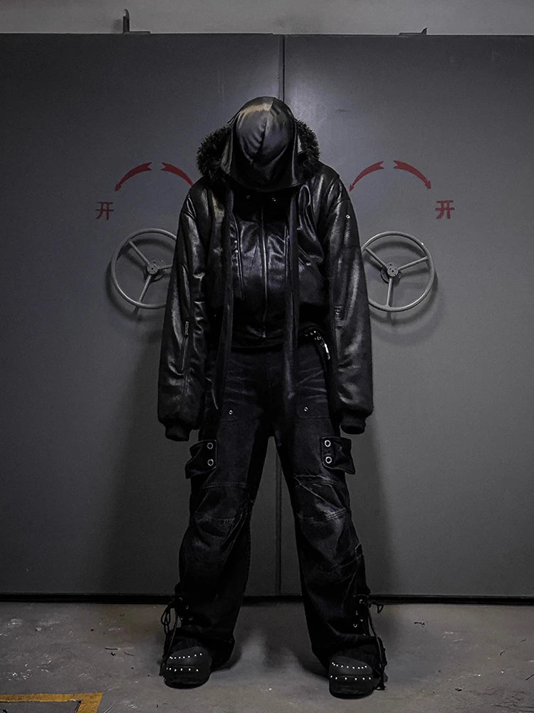 Spring Autumn Cool Short Oversized Thick Warm Pu Leather Jacket Men with Faux Fur Trim Hood Luxury Designer Clothes