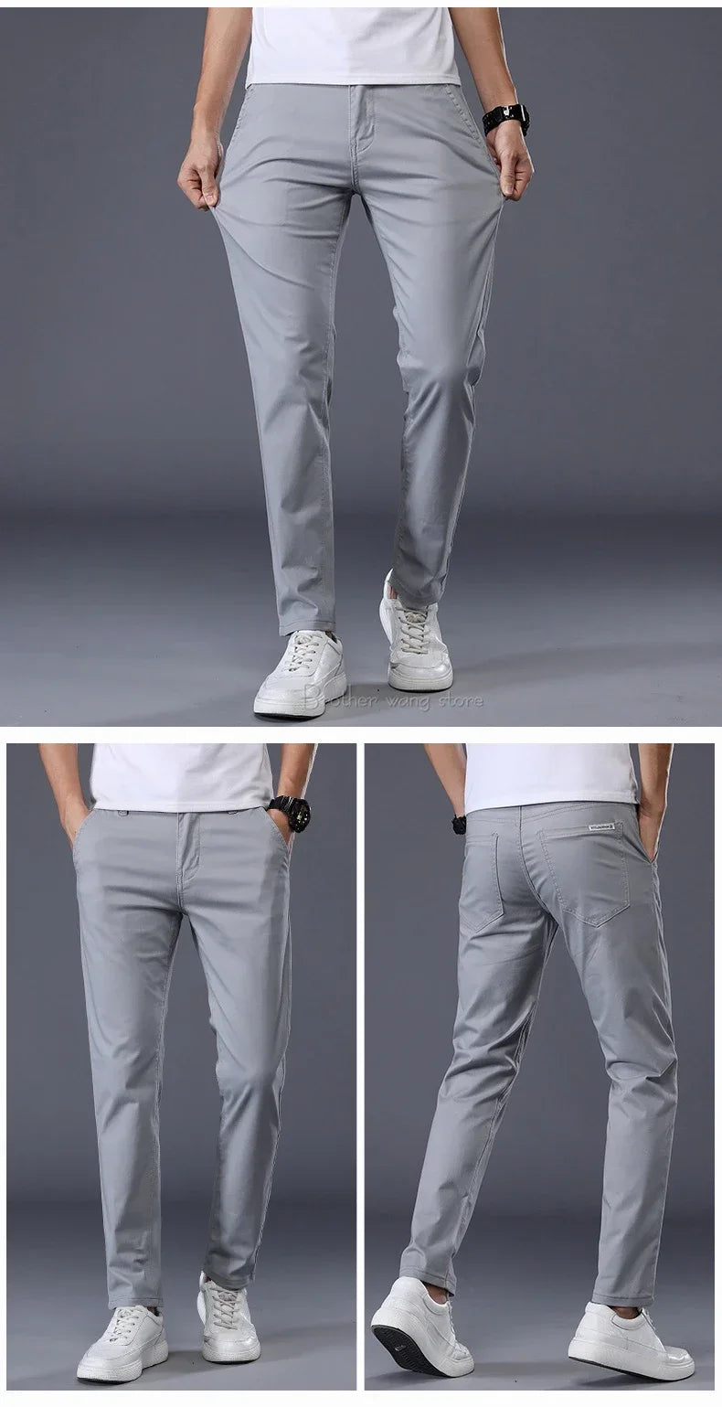 Summer Thin Men's Casual Pants Cotton 7 Colors Classic Style Elastic Straight Slim Fit Business Fashion Long Trousers Male