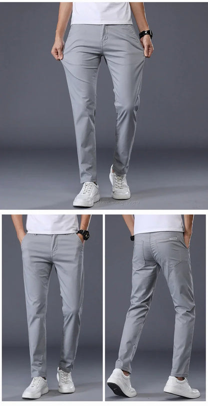 Summer Thin Men's Casual Pants Cotton 7 Colors Classic Style Elastic Straight Slim Fit Business Fashion Long Trousers Male