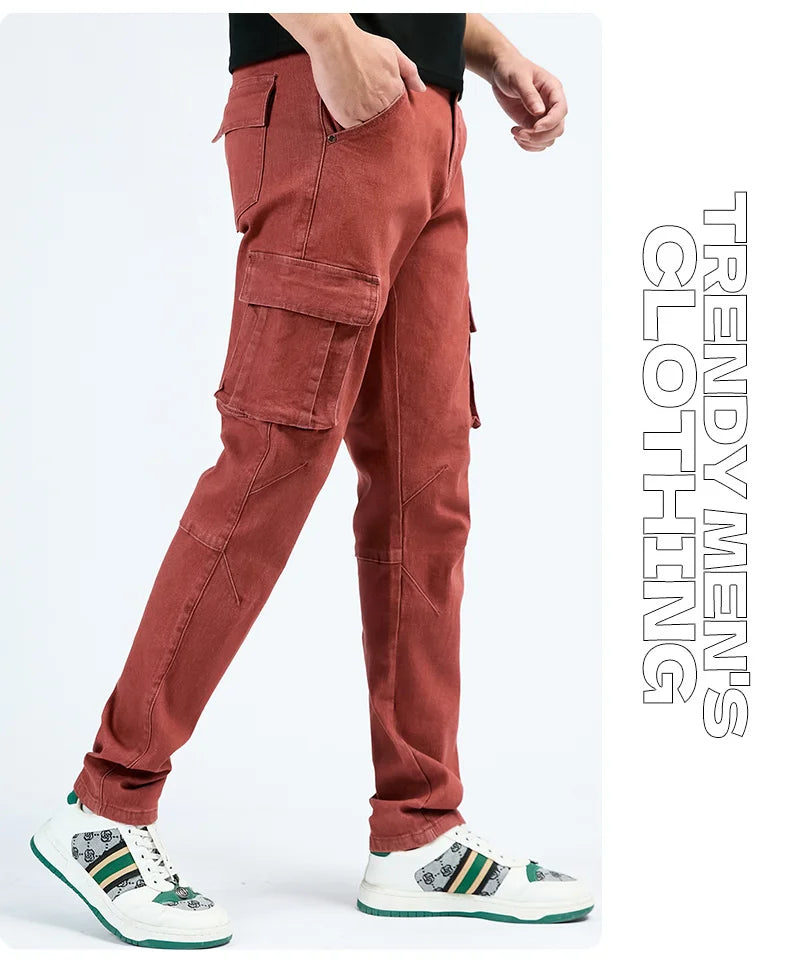 Men's Street Style Elastic Waist Denim Cargo Pants Solid Color Washed Slim Fit Casual Jeans with Multiple Pockets for Daily Wear