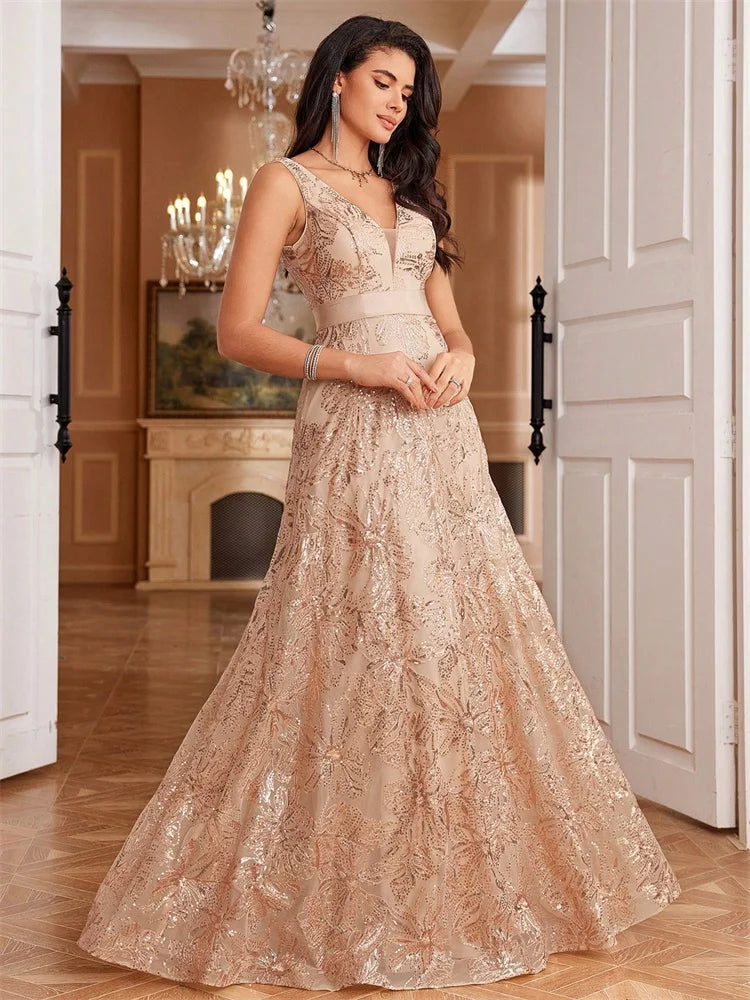 Luxury Sexy V-Neck Sequins Formal Evening Dress Long 2025 Women Elegant V-back Wedding Party Long Prom Cocktail Graduation Gown