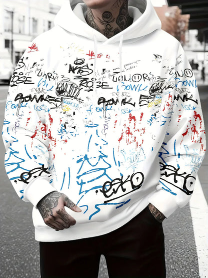 Fashionable men's autumn personalized letter graffiti print soft and comfortable hooded sweatshirt outdoor urban high street to