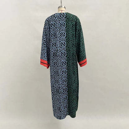 Elelgant V-Neck Simple Loose Dress Women 2025 Spring Summer Holiday Printing Patchwork Maxi Dress Casual