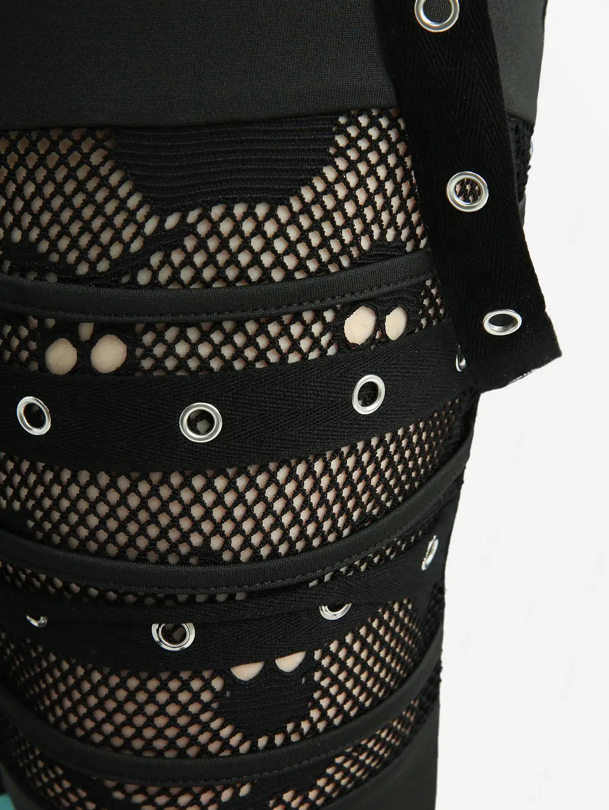 Plus Size Leggings Women Casual Black Trousers Skull Hollow Out Fish Net Patchwork Grommets Straps Pencil Pants Mujer