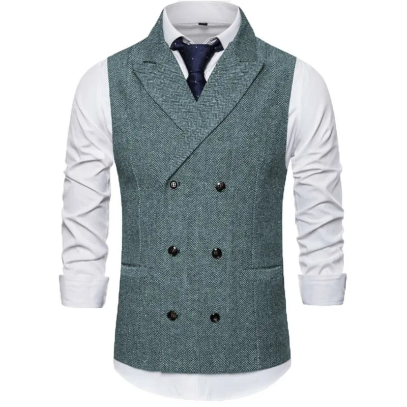 Men Vest Brown Herringbone Double Breasted Buckle Solid Business Casual Waistcoat Regular Slim Banquet Men Suit Vest